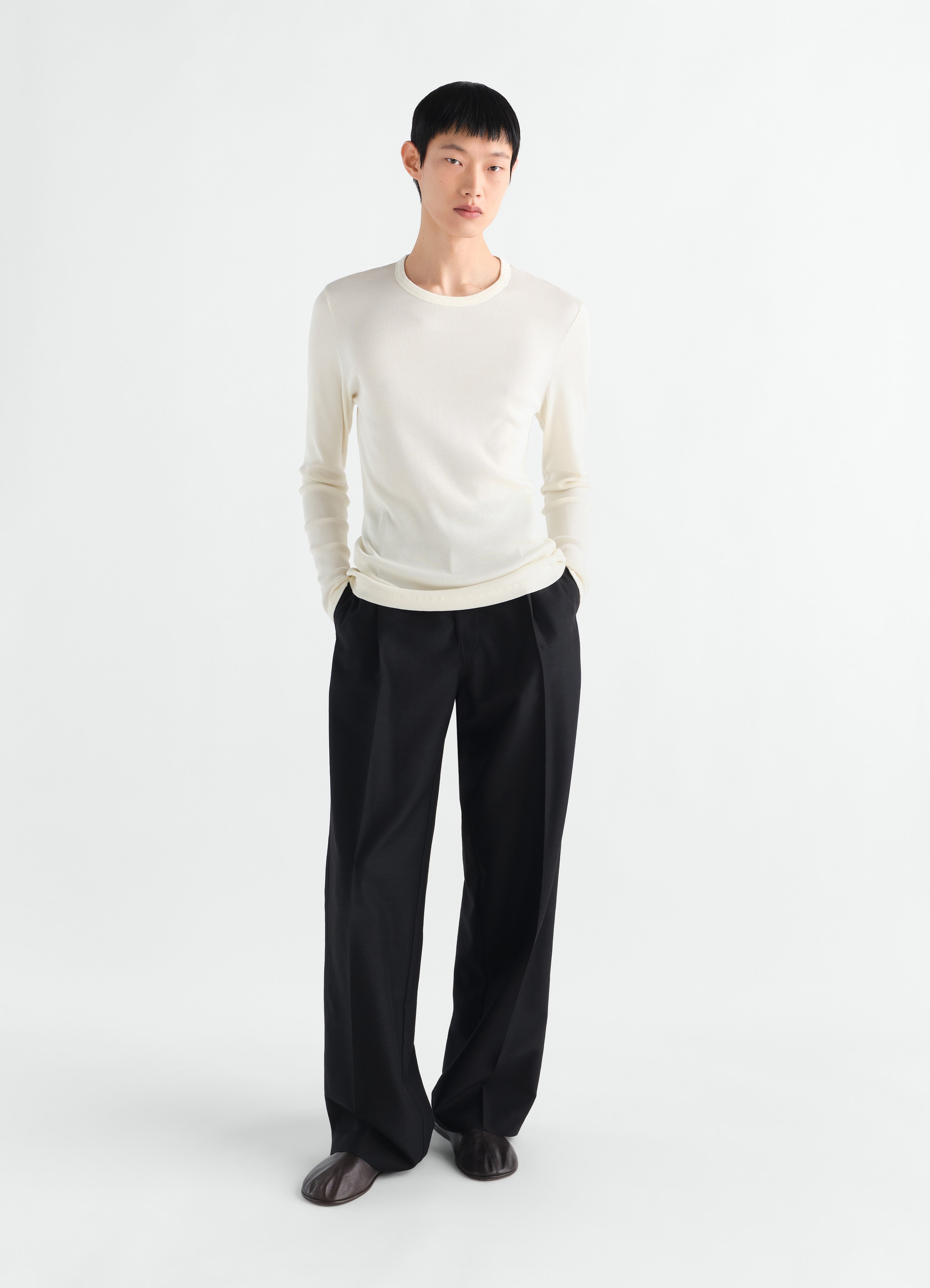 LONG SLEEVE RIBBED TEE IN LARGE RIB JERSEY - Light Cream - Large