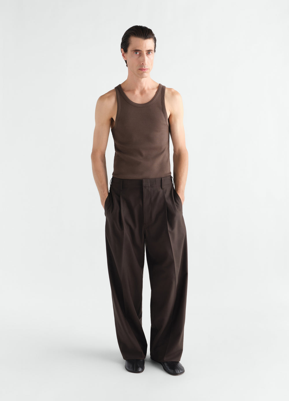 Tank top in brown ribbed jersey worn by a model front view LEMAIRE
