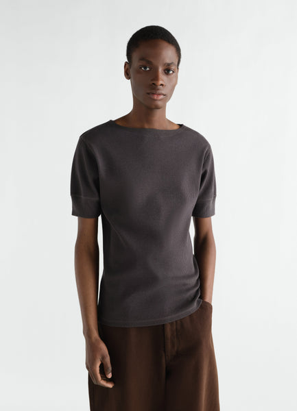 BOAT-NECK T-SHIRT IN LINEN AND COTTON RIBBED JERSEY - Basalt