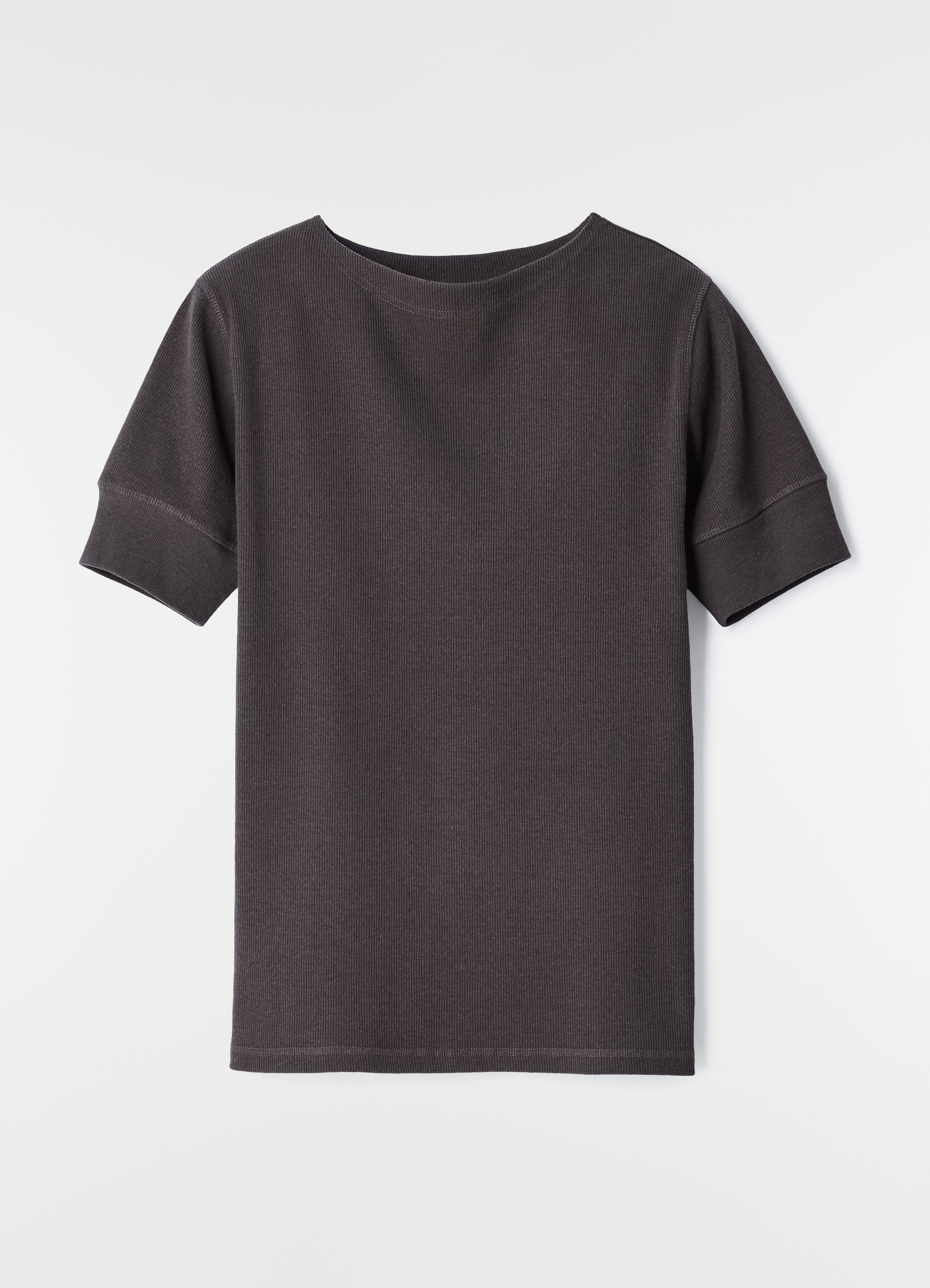 BOAT-NECK T-SHIRT IN LINEN AND COTTON RIBBED JERSEY - Basalt