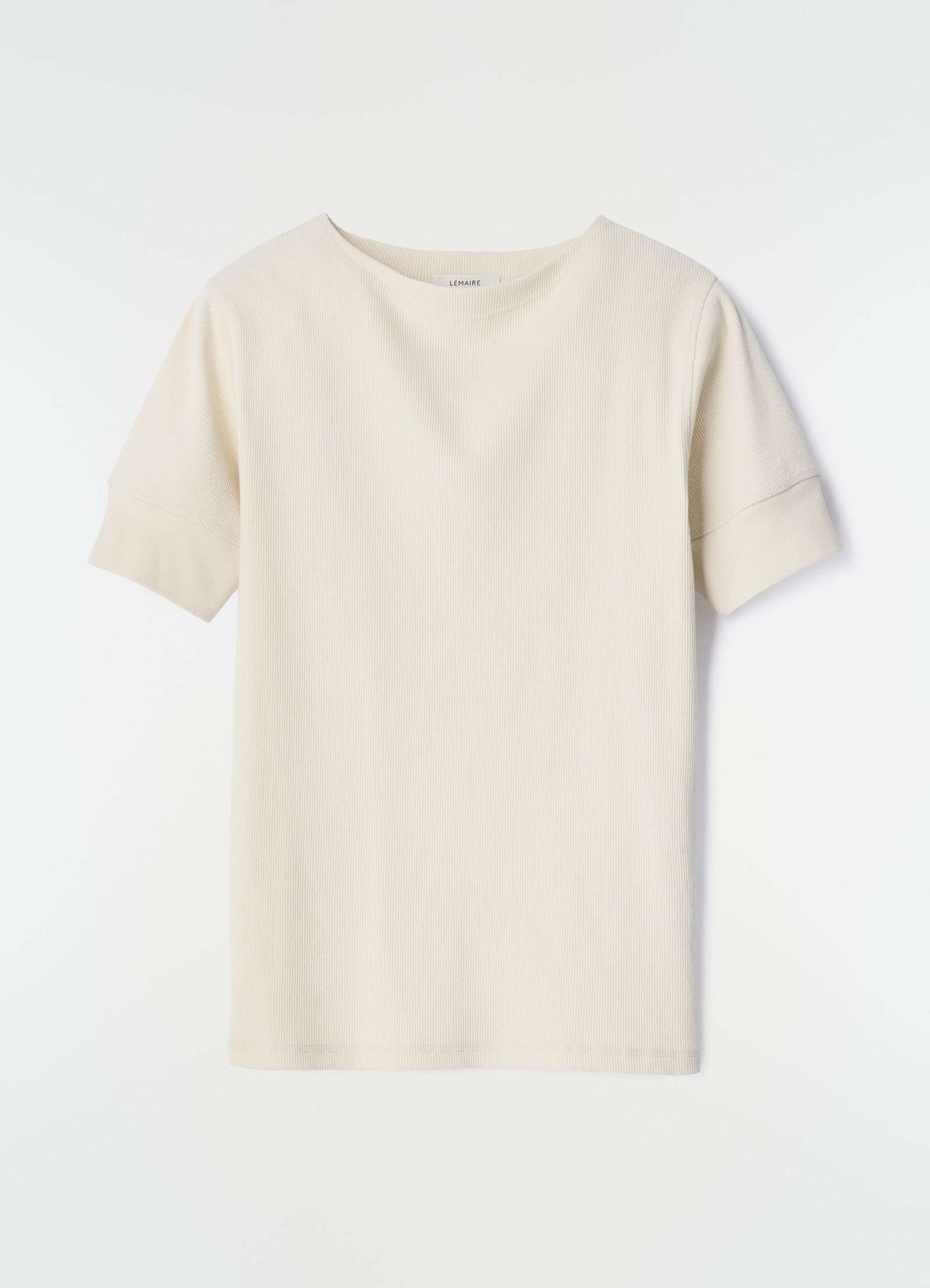Boat-neck ribbed linen and cotton t-shirt in cream by lemaire front on plain white background