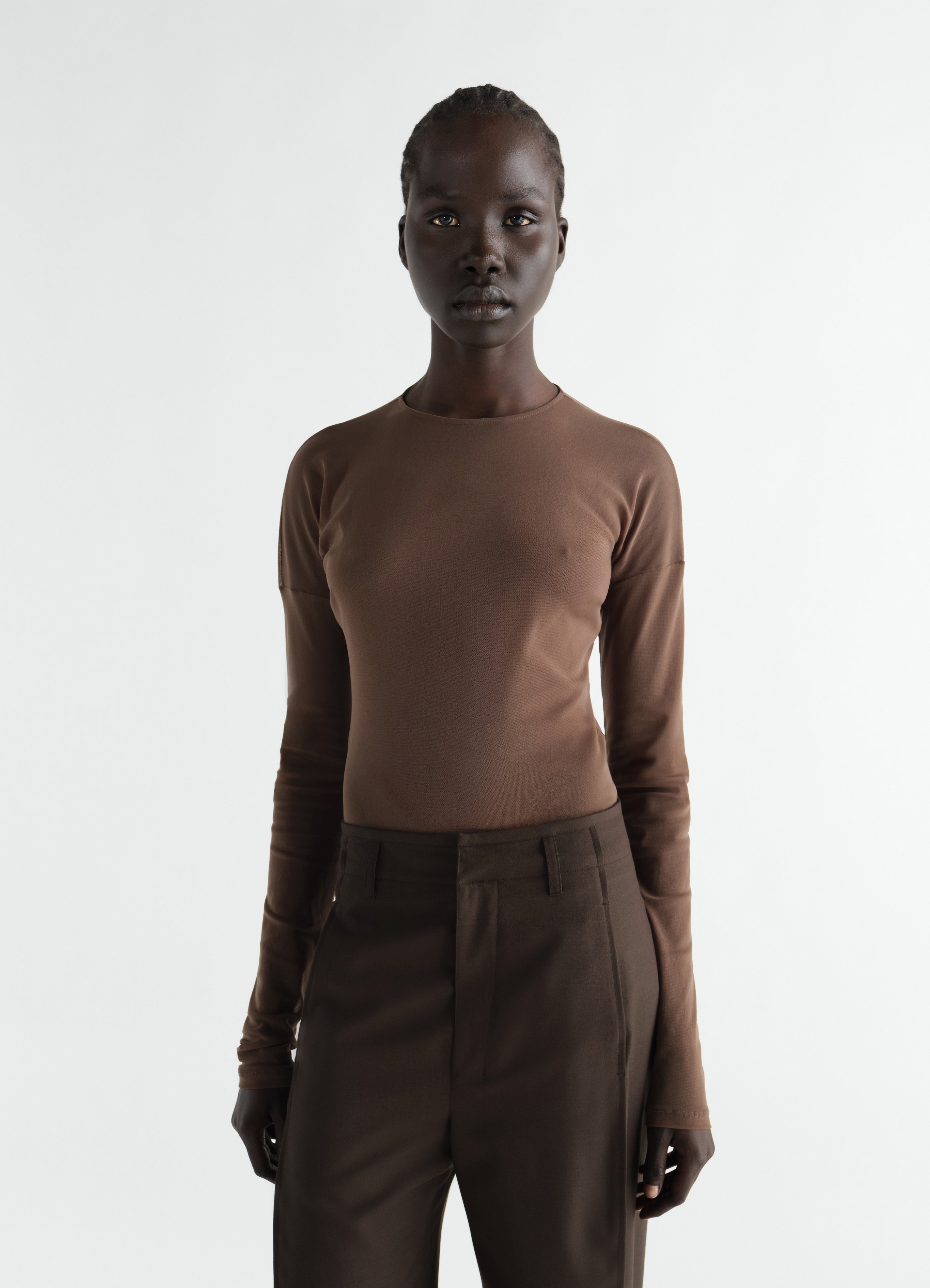 LONG-SLEEVE BALLERINA-STYLE TOP IN MESH JERSEY - Cacao - Mesh