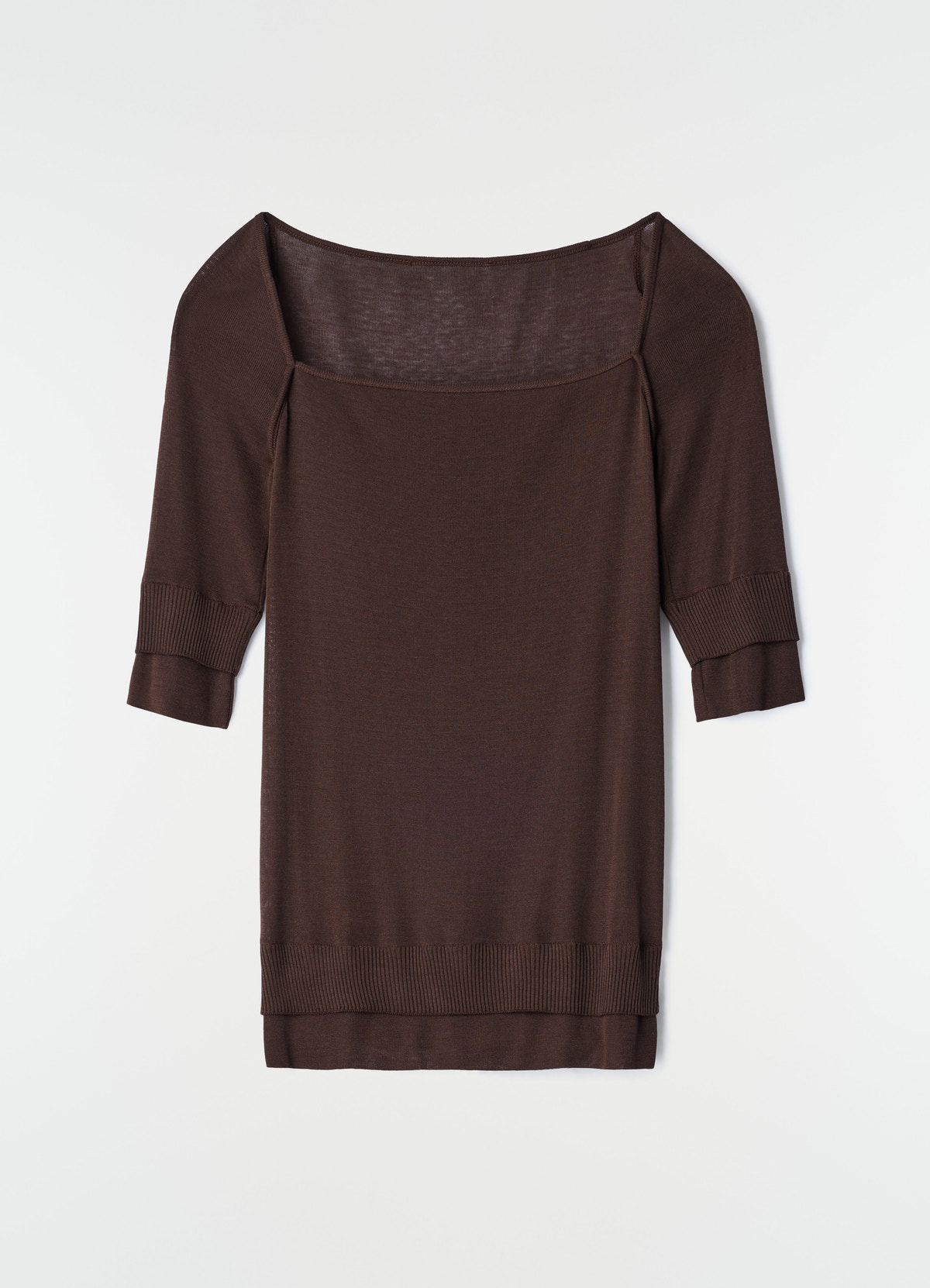 Three-quarter sleeve brown silk and viscose top with square neckline by lemaire on plain white background