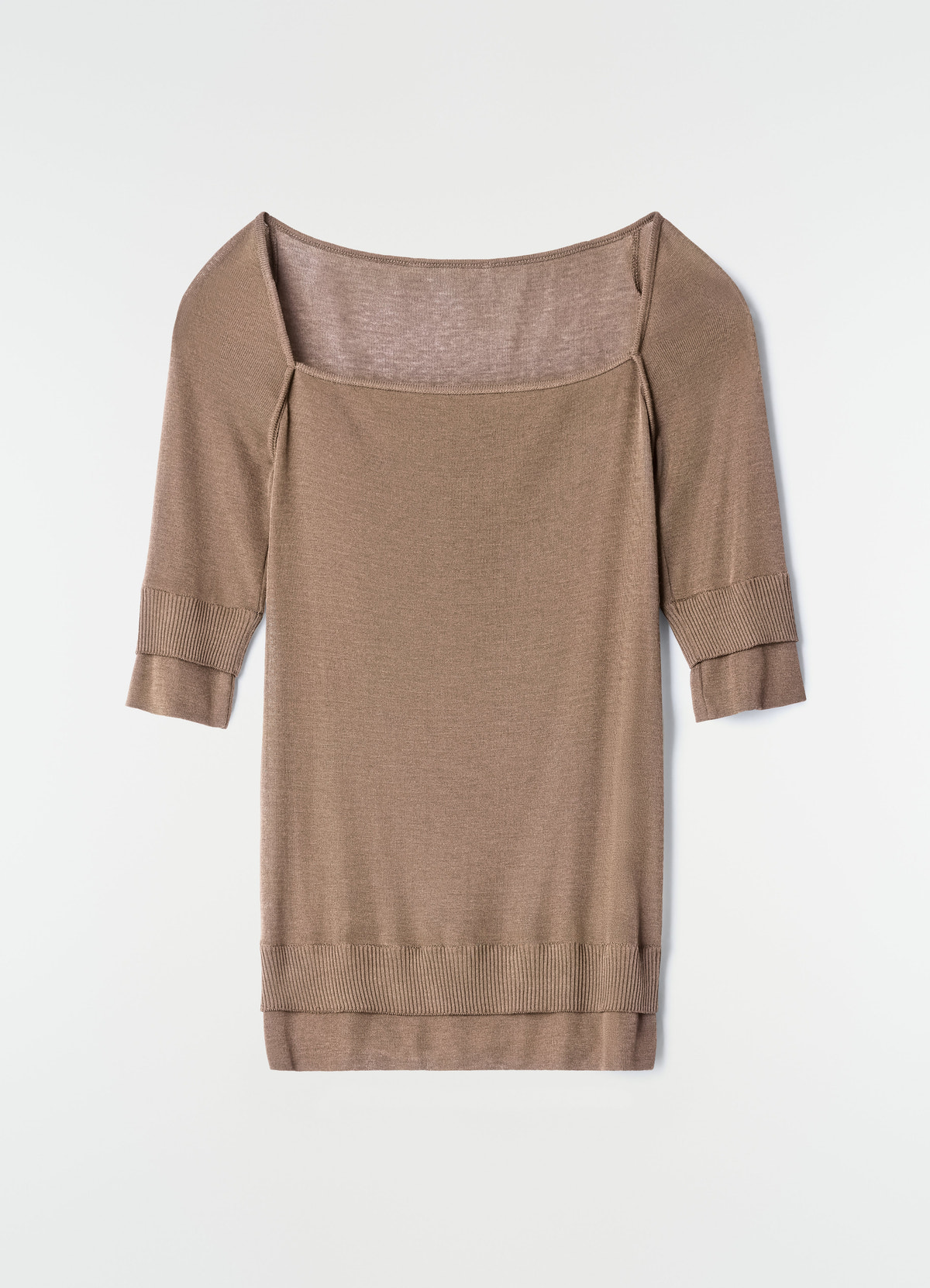 Three-quarter sleeve beige silk viscose top by lemaire flat lay with square neckline and ribbed cuffs and hem