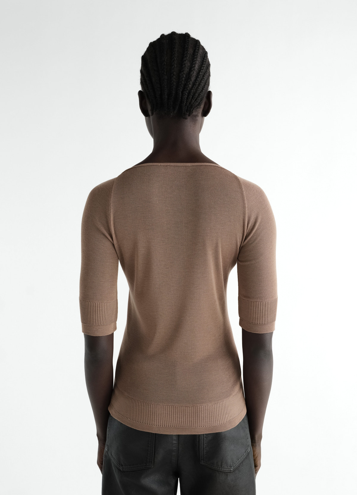 Three-quarter sleeve beige silk and viscose blend top by lemaire worn by model back view