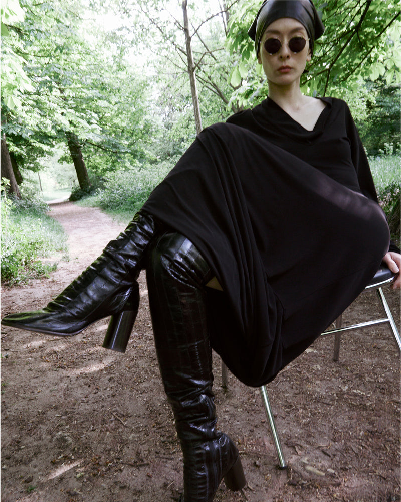 Black dress in Black fabric, Worn view Loose fit