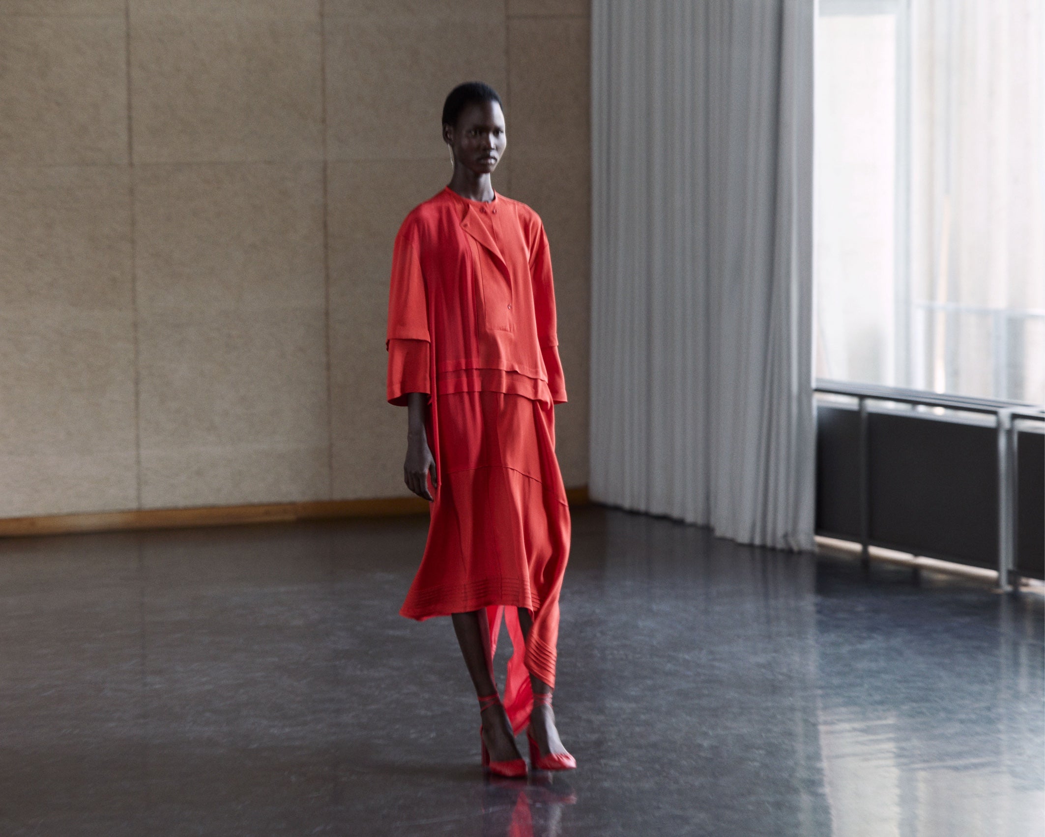 Red dress and jacket in Bright red fabric, model shot, Front view Loose fit, midi length