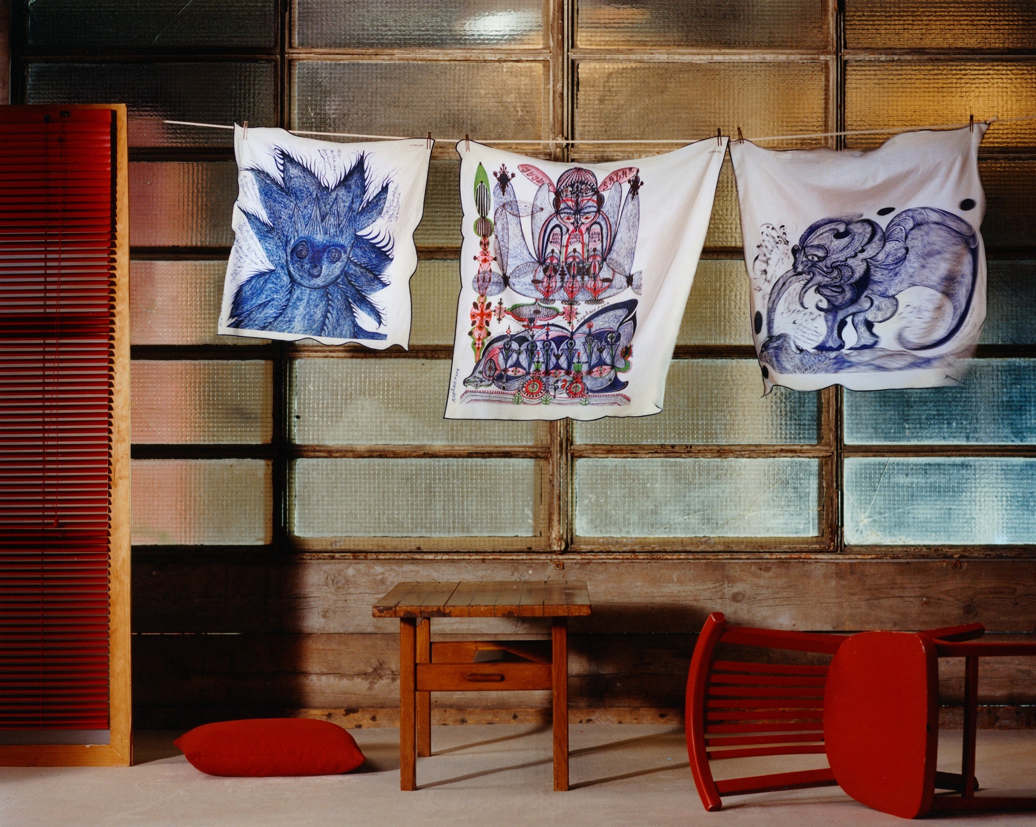 Decorative wall hangings in White fabric with blue designs, Front view Artistic prints with vivid colors