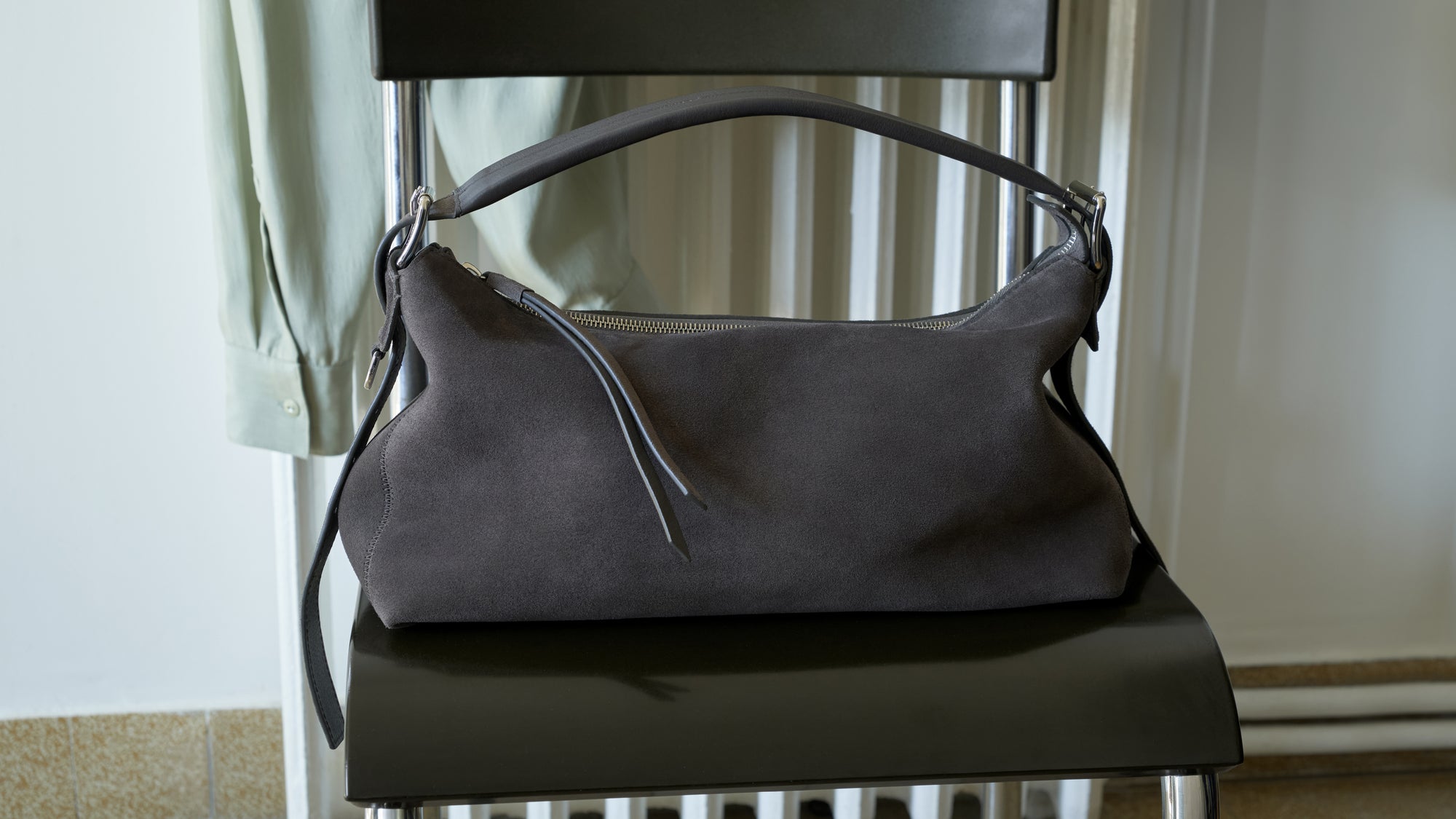 Leather handbag in Dark gray suede, Front view Minimal design