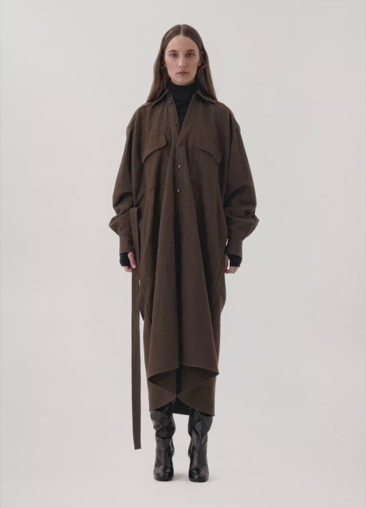 Tilted Shirt Dress in Brown Fabric, model video