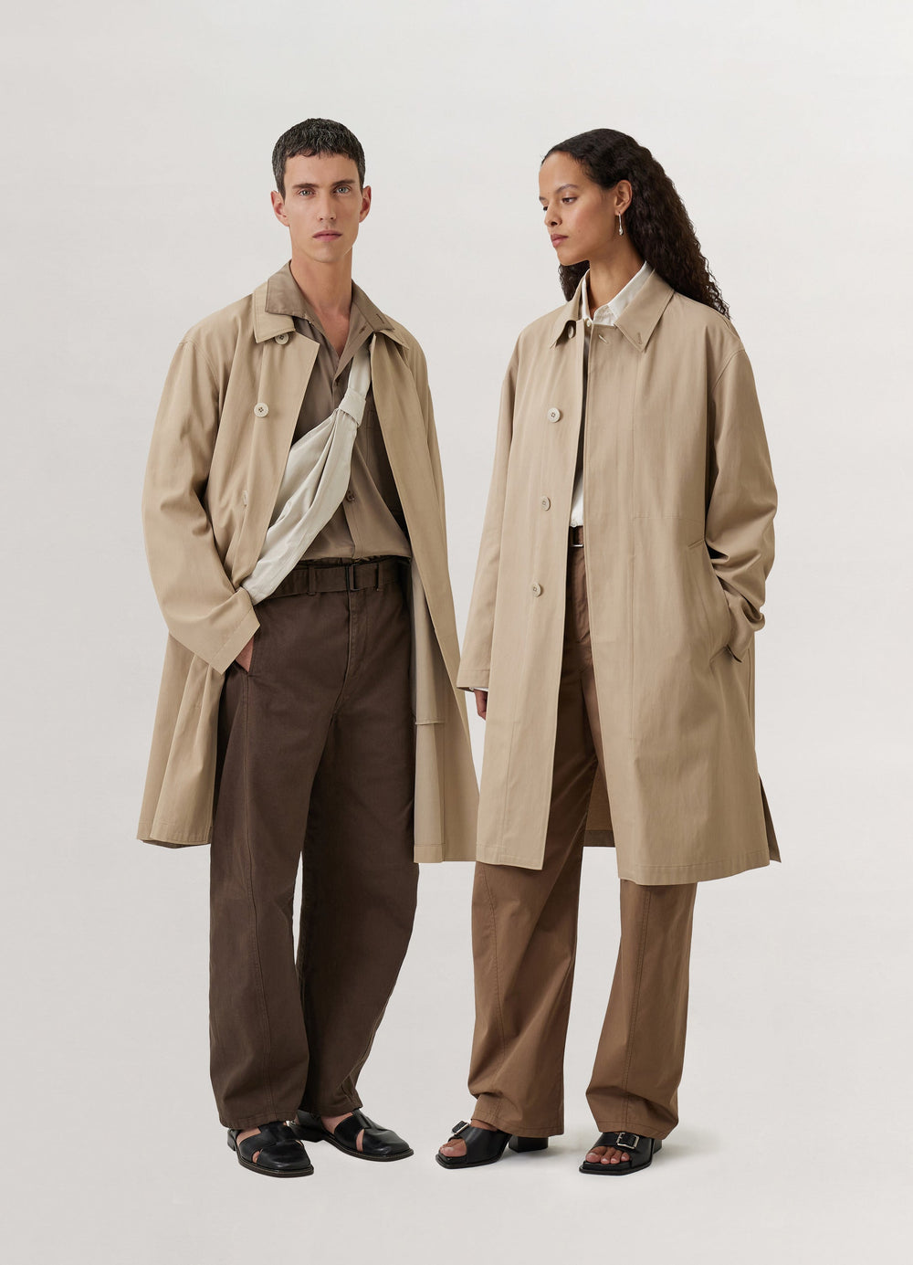 Timeless Car Coat in Neutral Viscose Cotton, model shot, front view straight oversized cut