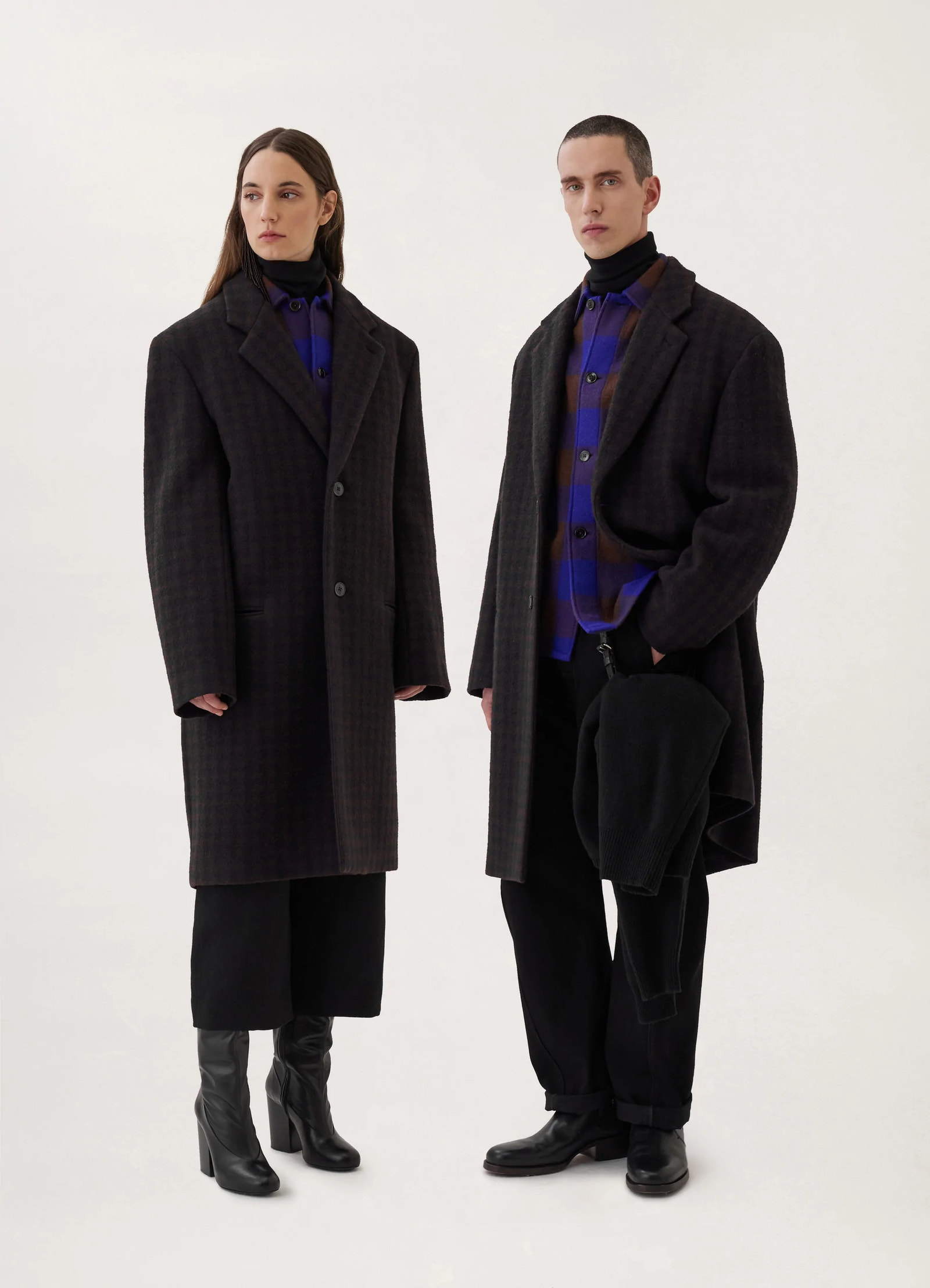 Lemaire chesterfield coat in brown/marine, model shot, front view tailored silhouette