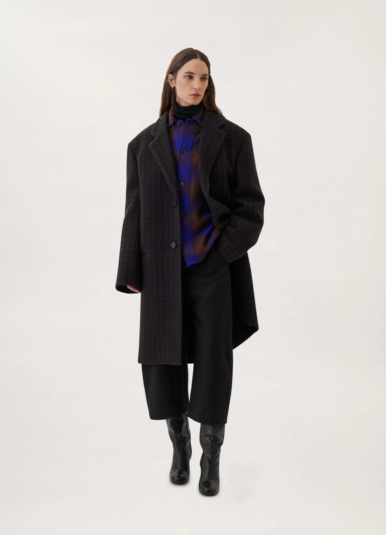 Lemaire chesterfield coat in brown/marine, model shot, three-quarter view oversized lapels