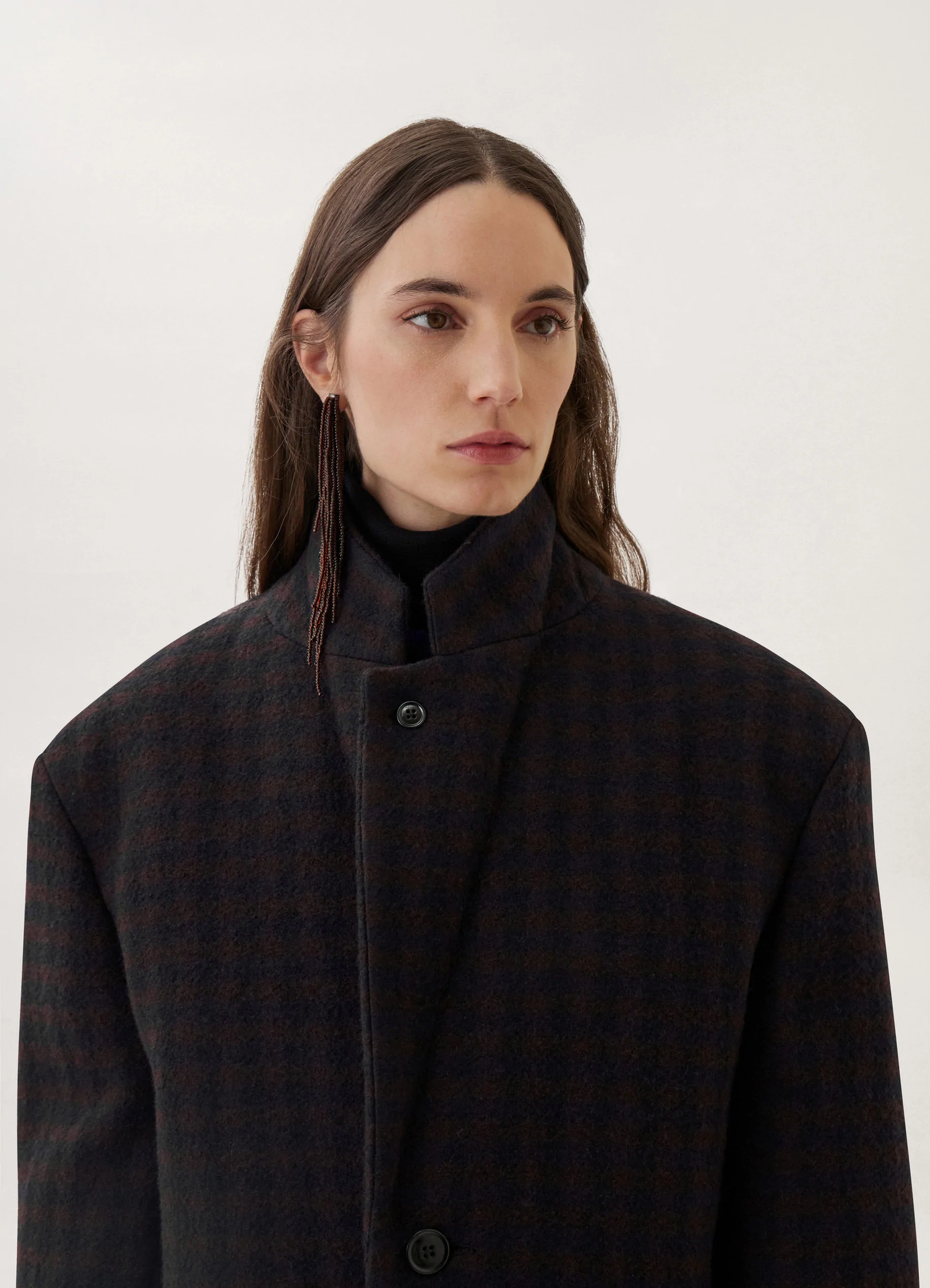 Lemaire chesterfield coat in brown/marine, model shot, close-up front profile raised collar design