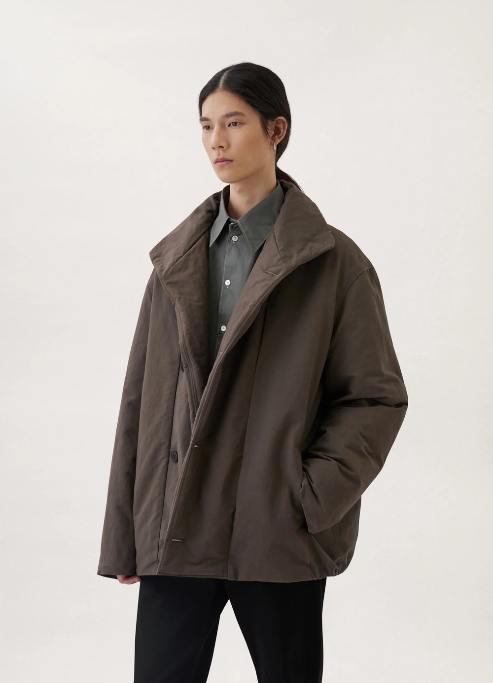 Lemaire Puffer Jacket in Cotton-Nylon Blend, model shot, Side view Relaxed cropped fit