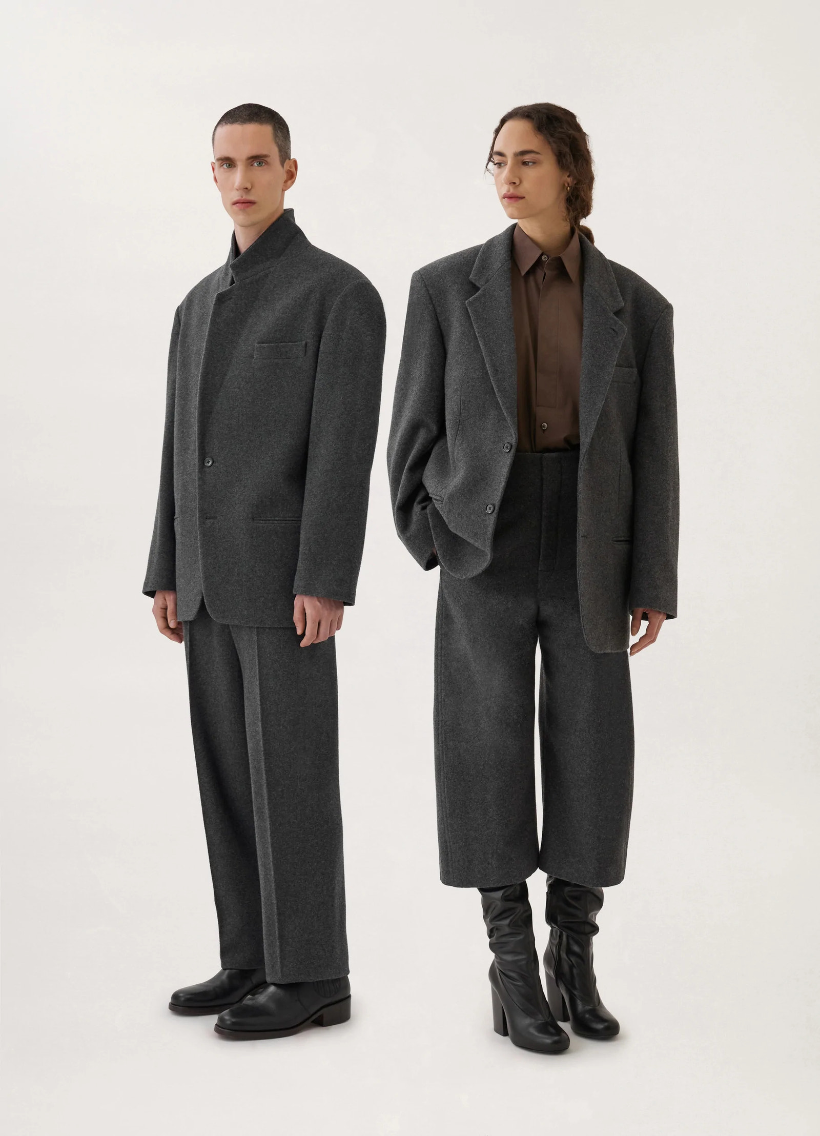 Lemaire boxy single-breasted jacket in felted wool, model shot, full body side view relaxed boxy fit