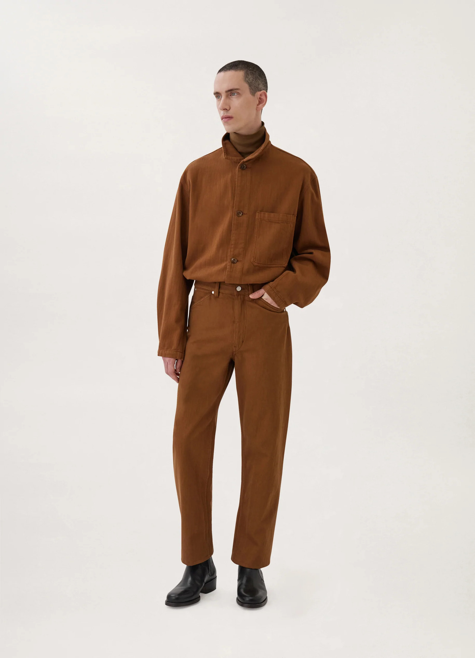 スタンドカラーオーバーシャツ - Cigar - Light Garment Dyed Denim