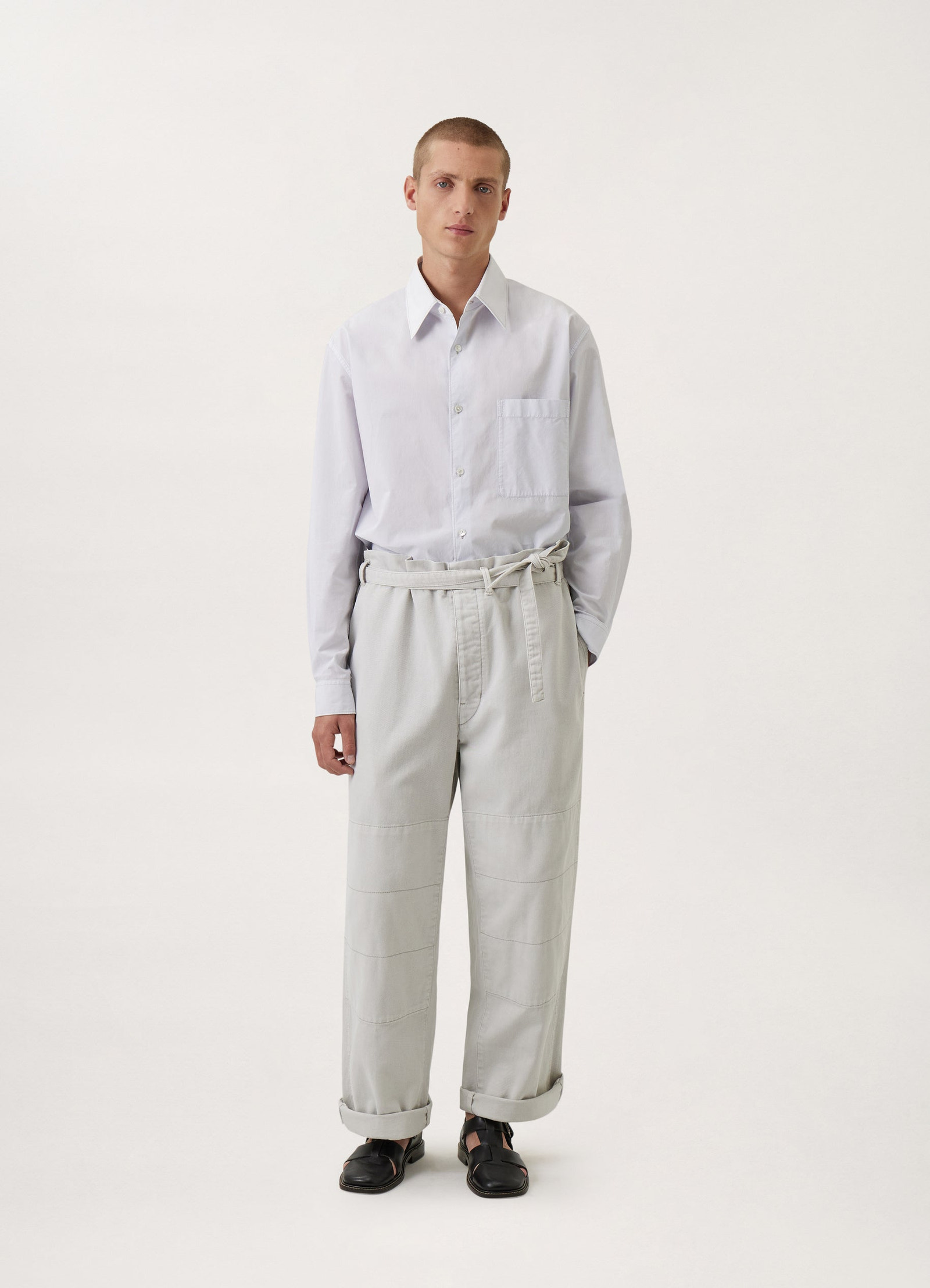 Lemaire regular long sleeve shirt in white compact cotton, model shot, full-body porte left shoulder slope