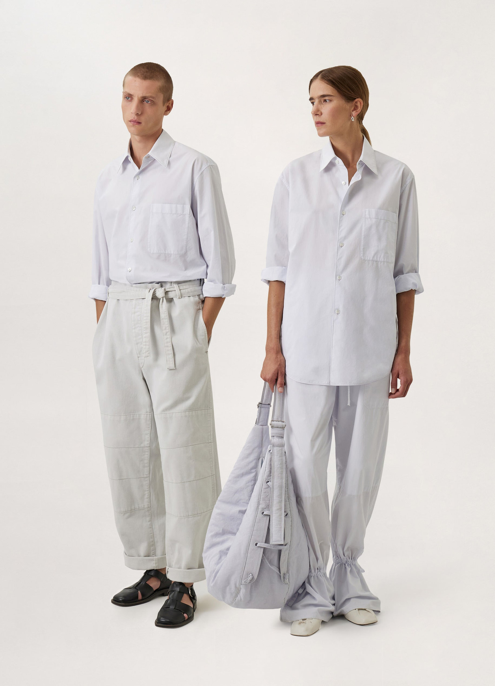 Lemaire regular long sleeve shirt in white compact cotton, model shot, front view straight fit, convertible collar