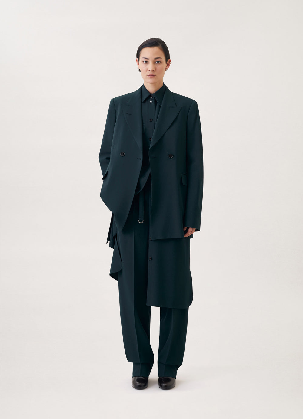 Tailored Double Breasted Jacket in Soft Italian Wool Gabardine, model shot, Front view Structured silhouette